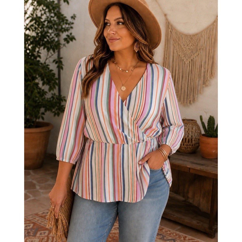 Lane Bryant Striped Wrap Top Size 20 Pink Rainbow Blouse Flowy Peplum Hem Boho